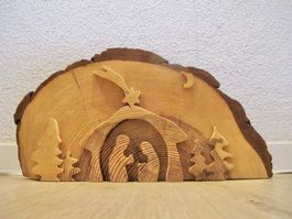 Baum Scheibe 3D Weihnachts Krippe reliefartig Natur Rinde