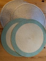 4 Sets de table ronds, couleurs argent et vert d'eau/beige
