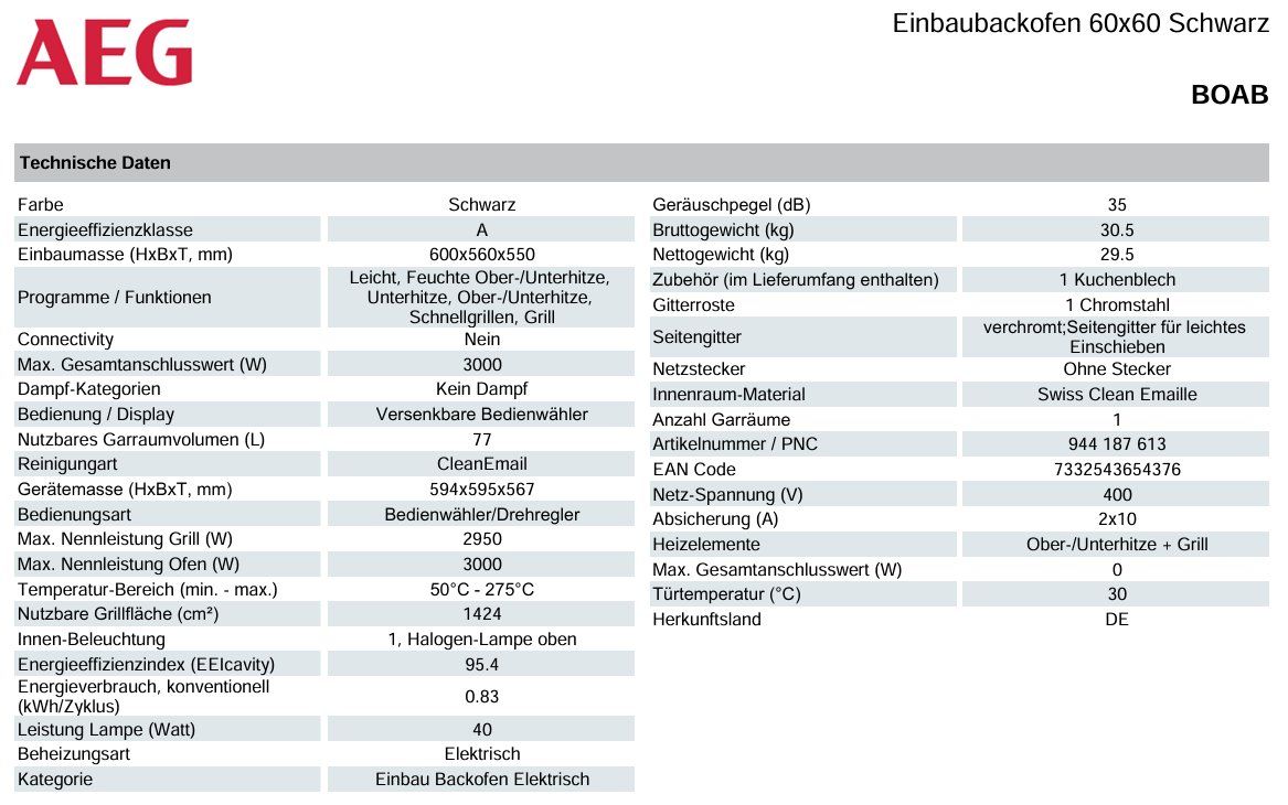 AEG Forni: 038 AEG BOAB Backofen aus Liquidation – Nuovo (secondo la descrizione) da Derendingen venduto da Meisterstuecke 1