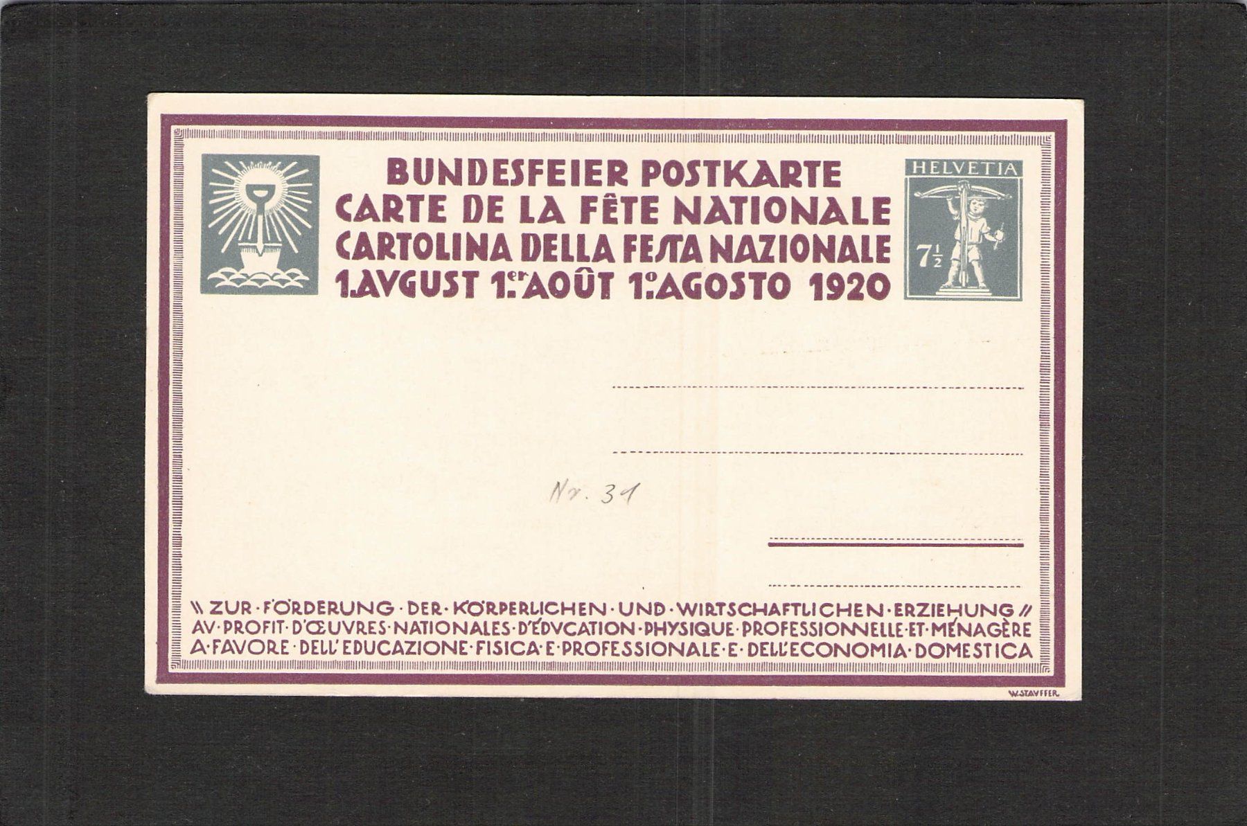 Alle Briefmarken: Bundesfeierkarte 1920 , Nr. 31 – Gebraucht aus Reichenburg von ibiza18 1