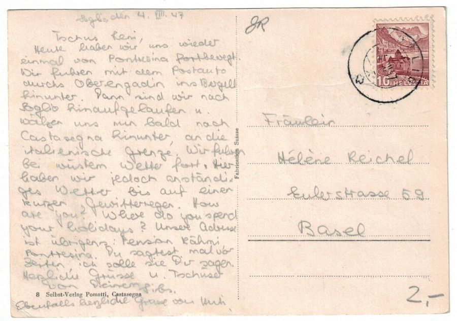 Cartoline postali: Soglio, gelaufen 1947 – Usato da Frauenfeld venduto da POML 1