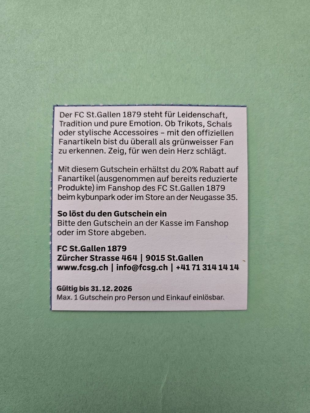 FCSG Buoni: FC ST. GALLEN SHOP GUTSCHEIN 20 % – Nuovo (secondo la descrizione) da Ermatingen venduto da Monaco1215 1