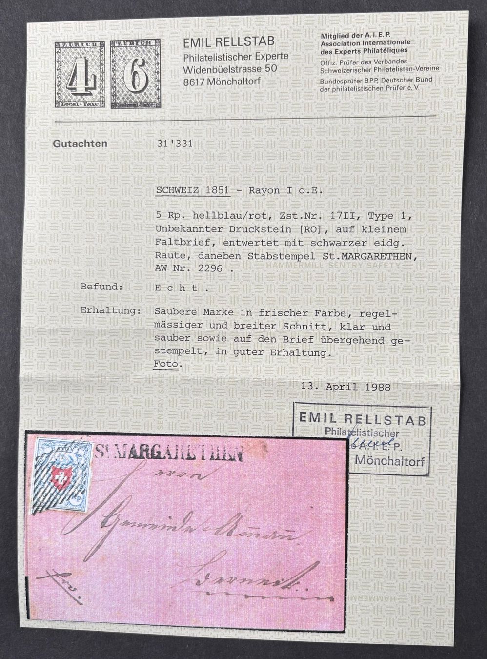 Alle Briefmarken: FALTBRIEF SCHWEIZ 1851 RAYON I MIT ATTEST – Gebraucht aus Ostermundigen von Heavenmaus75 2