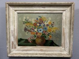 Schönes vintage Ölgemälde – Blumenstillleben auf Holzplatte