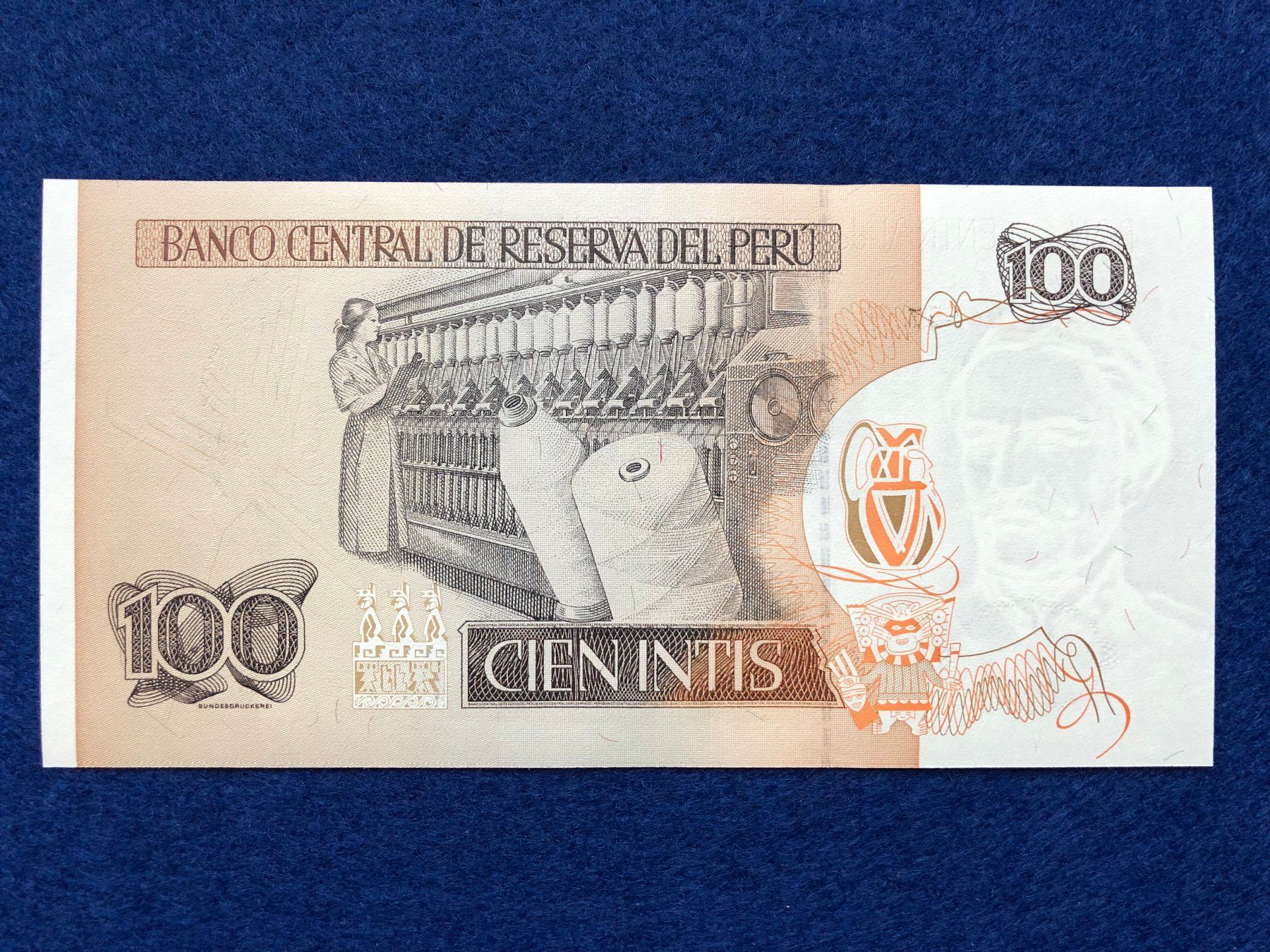 Banconote: Peru 1987 - 100 Intis UNC - Weberin – Nuovo e nell'imballaggio originale da Pfäffikon SZ venduto da Sieben77 2