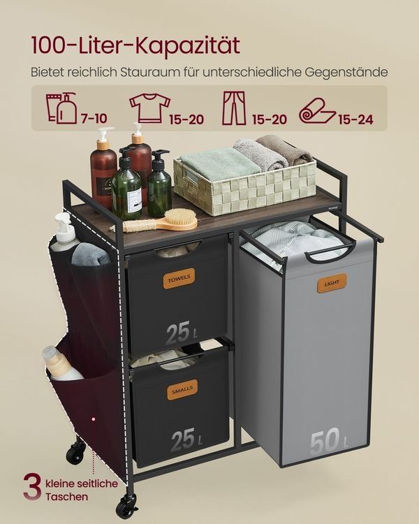 Cesti per biancheria: Wäschekorb mit 3 Fächern 100L Rollen Ablage LAURENT – Nuovo e nell'imballaggio originale da Lachen SZ venduto da MAMORU-MOEBEL 2