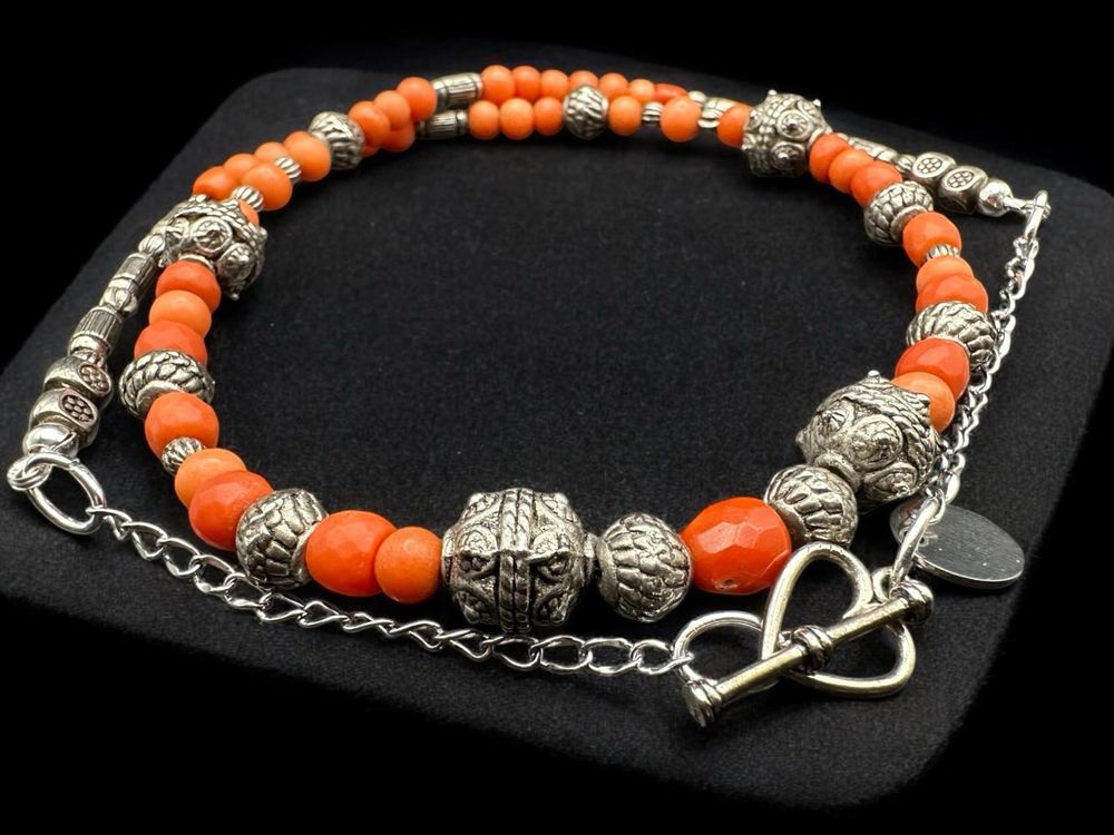 Collier Ancien En Argent Sterling Et Corail - Bijou Antique Vintage - Occasion