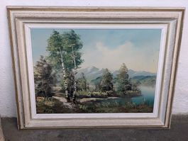 Oelbild Gemälde Öl auf Leinwand Landschaft Birken See Berge