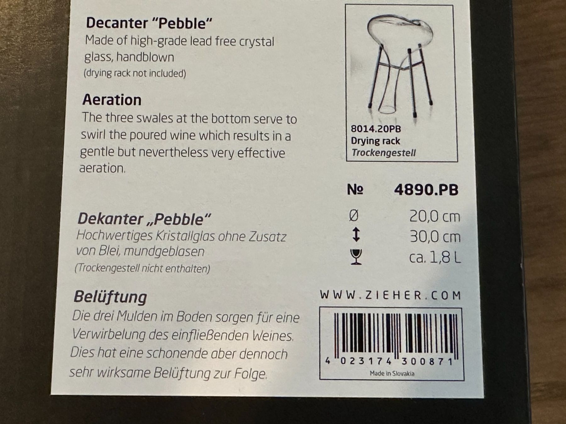 Caraffe: Dekanter/Karaffe Pebble von Zieher - originalverpackt – Nuovo e nell'imballaggio originale da Erlinsbach venduto da odermann 1