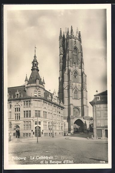 Cartoline postali: Fribourg, La Cathédrale et la Banque d' – Usato da Berlin venduto da bartko-reher