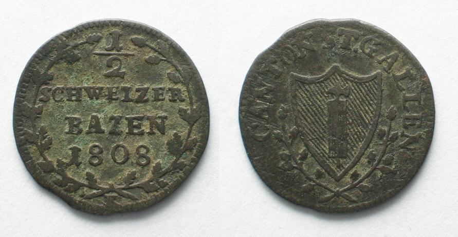 Tutti le monete: ST. GALLEN Kanton Halbbatzen 1808 Billon – Usato da Riehen venduto da sesambestcoins2004
