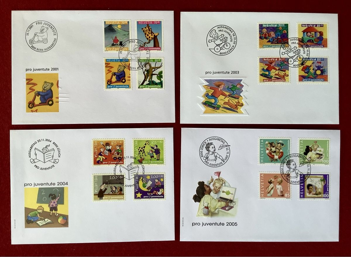 Tutti i francobolli: Pro Juventute Ersttagsbriefe FDC 2001, 2003, 2004, 2005 – Nuovo (secondo la descrizione) da Reinach BL venduto da P.Maeser