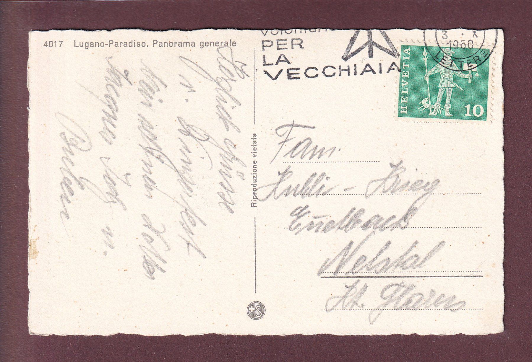 Cartoline postali: LUGANO-PARADISO - 1960 – Usato da Pully venduto da nicecards 1