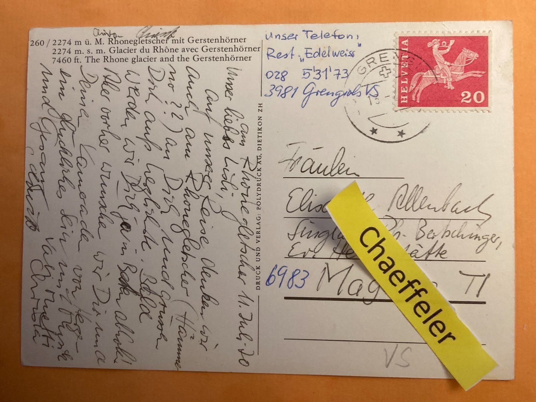 Cartoline postali: 1970  2274 m. ü. M.Rhonegletscher mit Gerstrn- – Usato da Zürich venduto da Chaeffeler 1