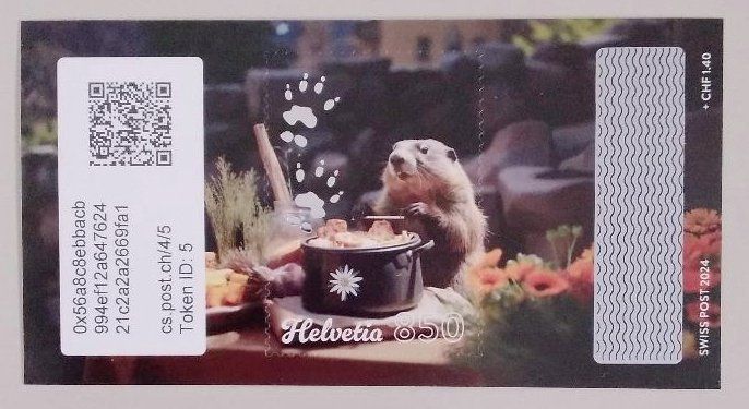 Tutti i francobolli: Swiss Crypto Stamp 4.0 ID 5 "Fondue" mit NFT – Usato da Basel venduto da TokenID1