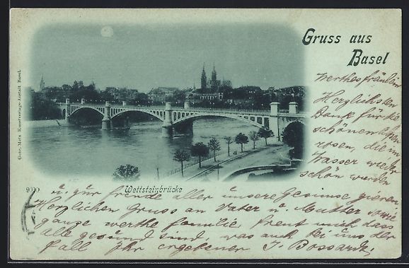 Cartoline postali: Mondschein-AK Basel, Wettsteinbrücke be – Usato da Berlin venduto da bartko-reher