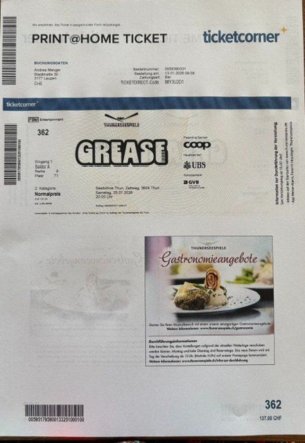 Biglietti: Tickets Grease Thuner Seespiele – Nuovo e nell'imballaggio originale da Laupen BE venduto da Mengler