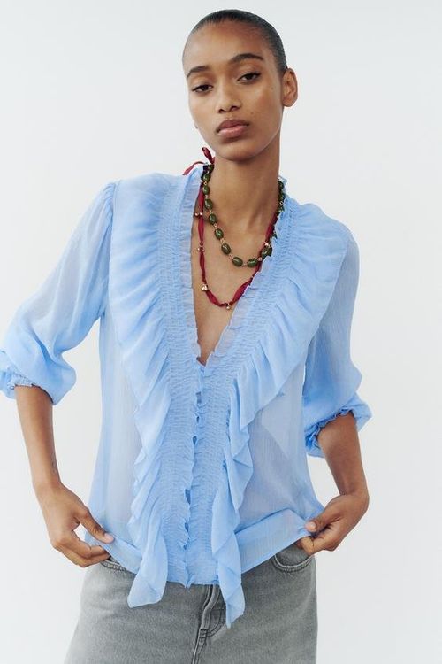 Strickjacke Zara Strickoberteil Mit Volant ZARA Volant-Bluse Mit