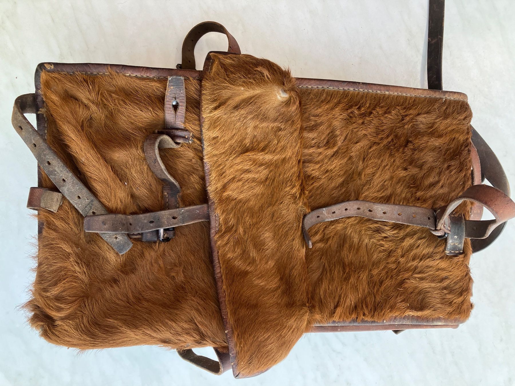 Zaini: Schweizer Ordonnanz Rucksack "Haaraff" Fell Leder – Usato da Rüegsauschachen venduto da limek