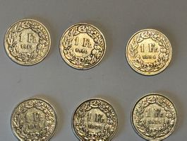 6 x Schweizer 1 Franken Münzen 1910 bis 1939 guter Zustand