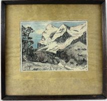 Antike  Zeichnung, Berglandschaft im Rahmen Signiert