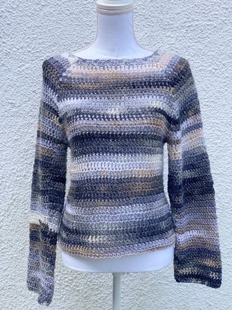Gehäkelte Topdown Pullover Pulli grau schwarz weiss