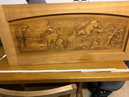 Holzrelief Jagdmotiv Gemsen Berglandschaft 92 x 42cm