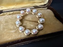 Vintage Gold Brosche mit Akoja Perlen 585, 14K