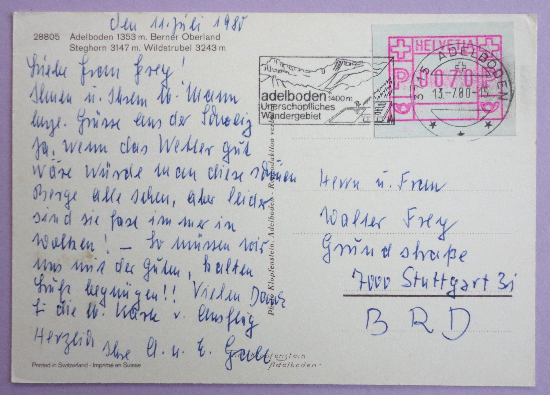 Cartoline postali: Adelboden 1353 m, Berner Oberland – Usato da Fétigny venduto da Billy2miny 1