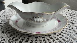 Herend Sauciere mit Unterteller weiss/rosa alt