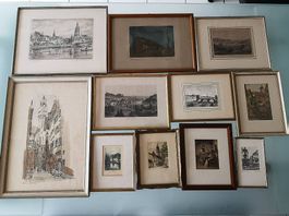 Lot de 11 tableaux - aquarelles - gravures etc..