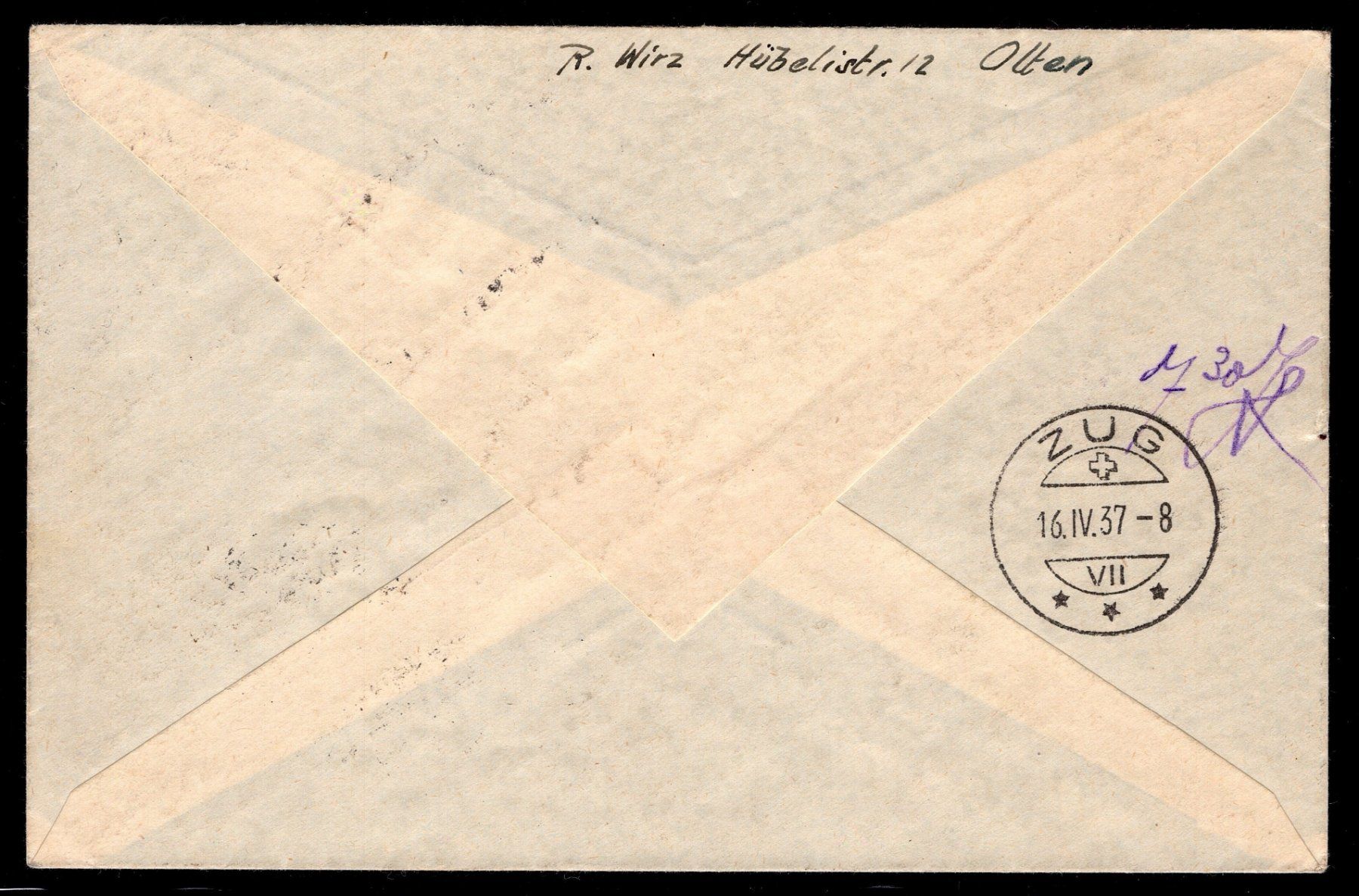 Alle Briefmarken: CH - Flugpost - Flugbrief 1937 nach Zug - Eilsendung – Gebraucht aus Rombach von VENTIS-Auktionen 1