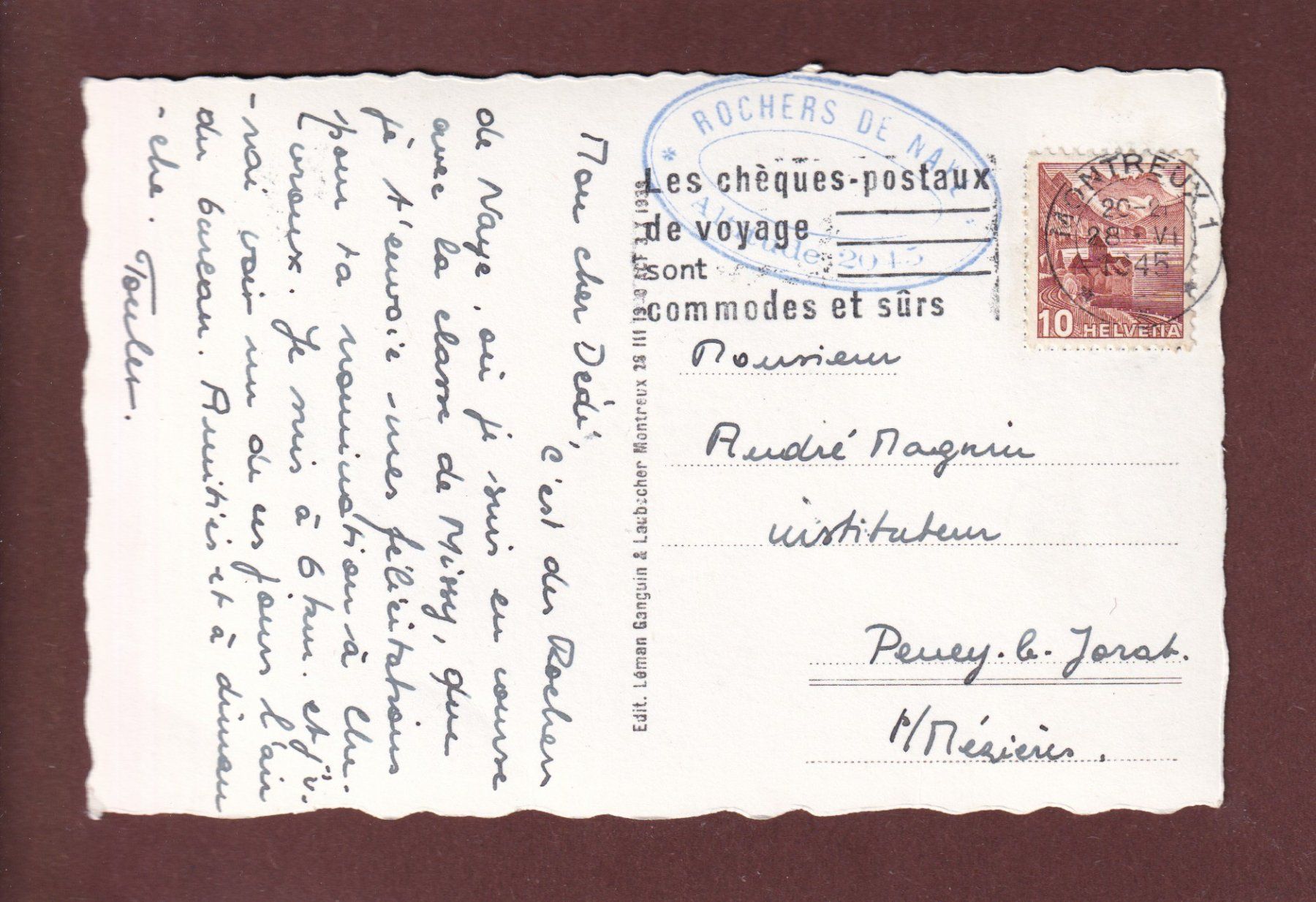Cartoline postali: CAUX - Rochers de Naye - 1945 – Usato da Pully venduto da nicecards 1