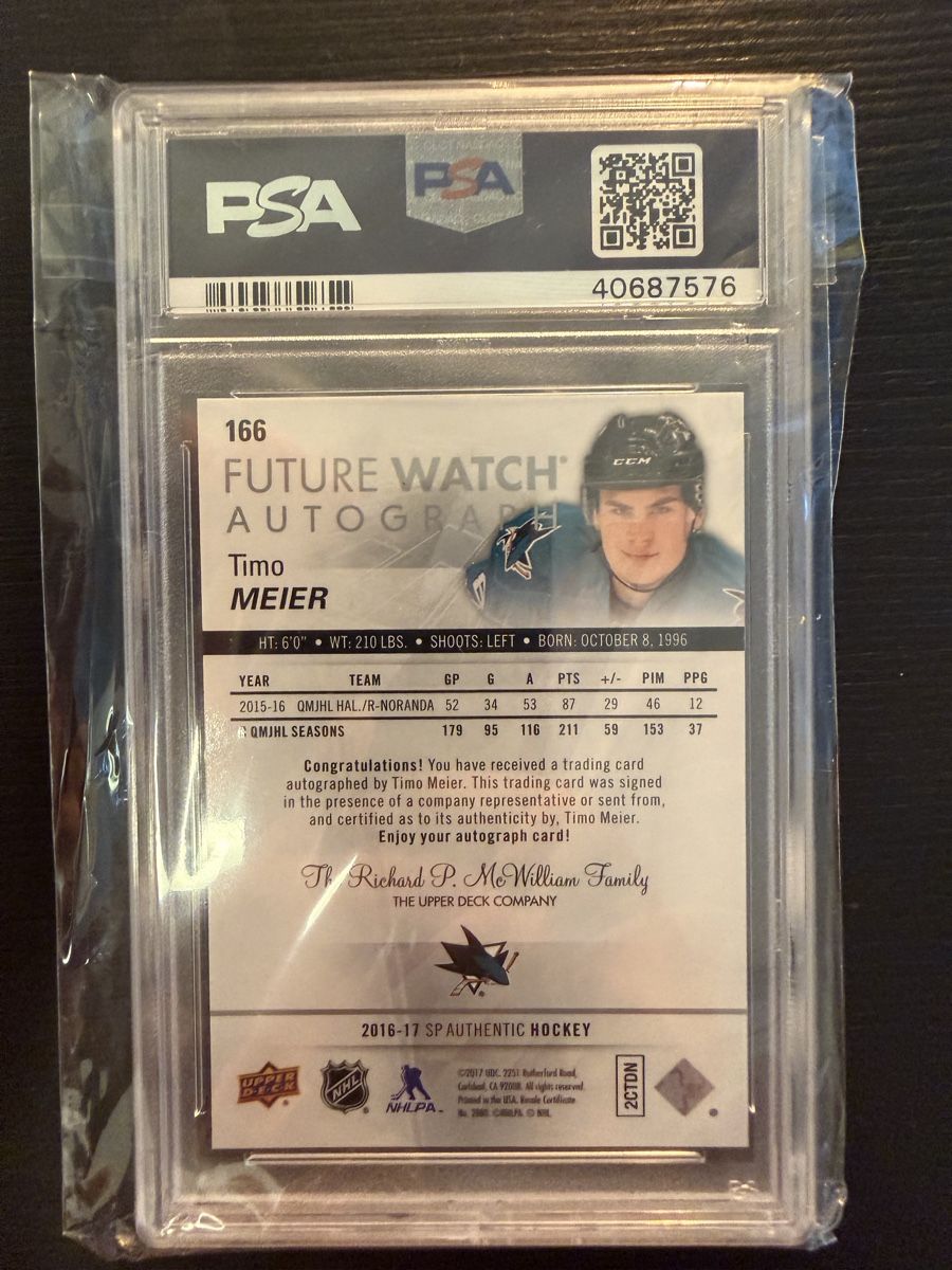 NHL Sammelbilder & Trading cards: Carte Timo Meier 2016 SP Authentic Auto PSA 10 Gem MT – Gebraucht aus Corminboeuf von martyfew 1