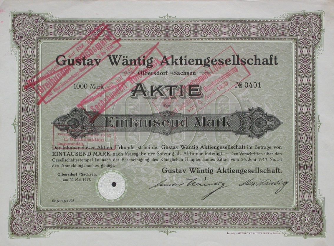 Dokumente: Gustav Wäntig AG, Olbersdorf - 1917 – Gebraucht aus Solothurn von Sgasche