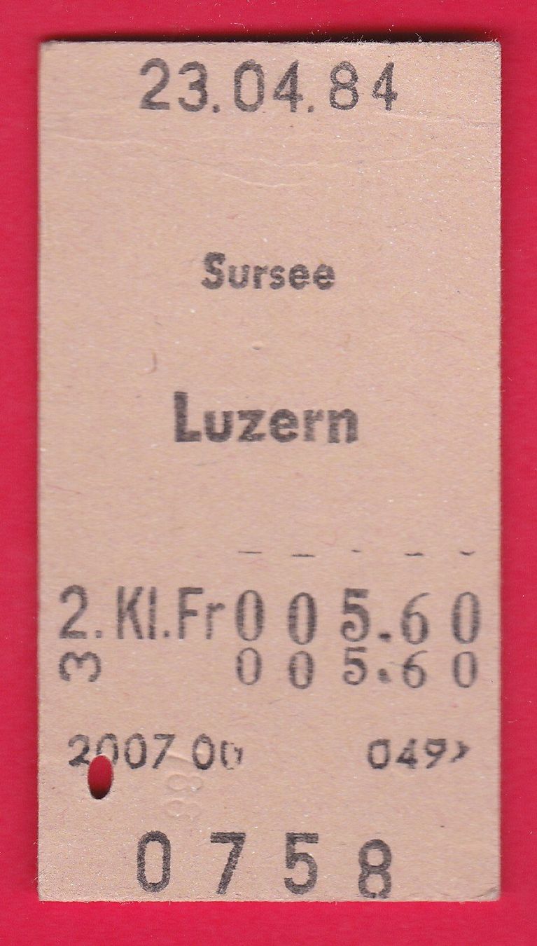 Biglietti: KARTON BILLETT, SURSEE - LUZERN, 2.KLASSE, EINFACH, 1984 – Usato da Oberrieden venduto da Gebirgsstelze