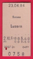 KARTON BILLETT, SURSEE - LUZERN, 2.KLASSE, EINFACH, 1984