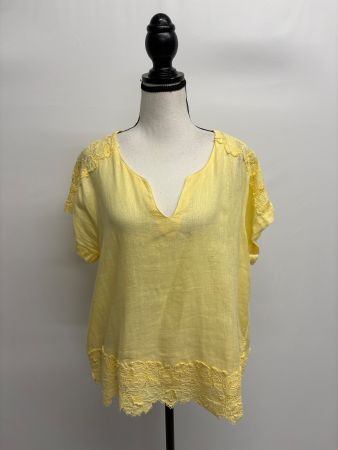 120% Lino T-Shirt  Gr. 44 mit Spitze in zartem Gelb Leinen