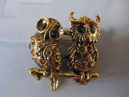 Eule Brosche, goldfarben mit Strass, Top Zustand!
