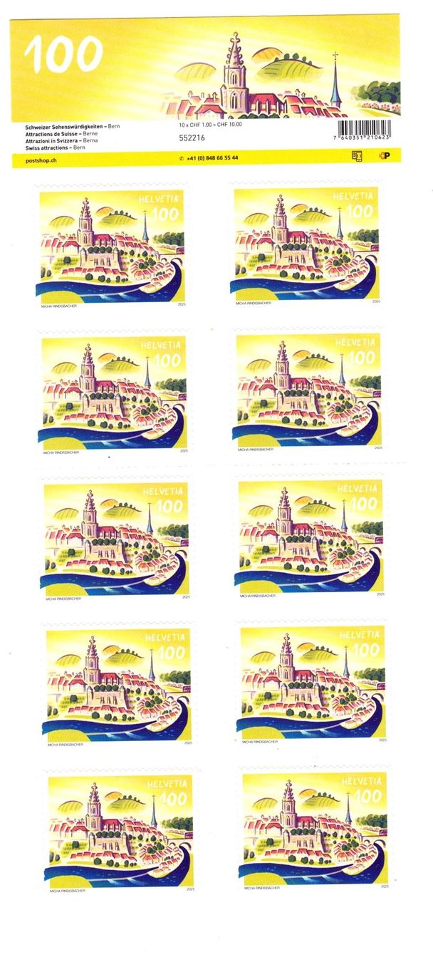 Tutti i francobolli: Briefmarken Schweiz CHF 1.00** Bern, Bogen mit 10 Marken – Nuovo e nell'imballaggio originale da Büetigen venduto da philat