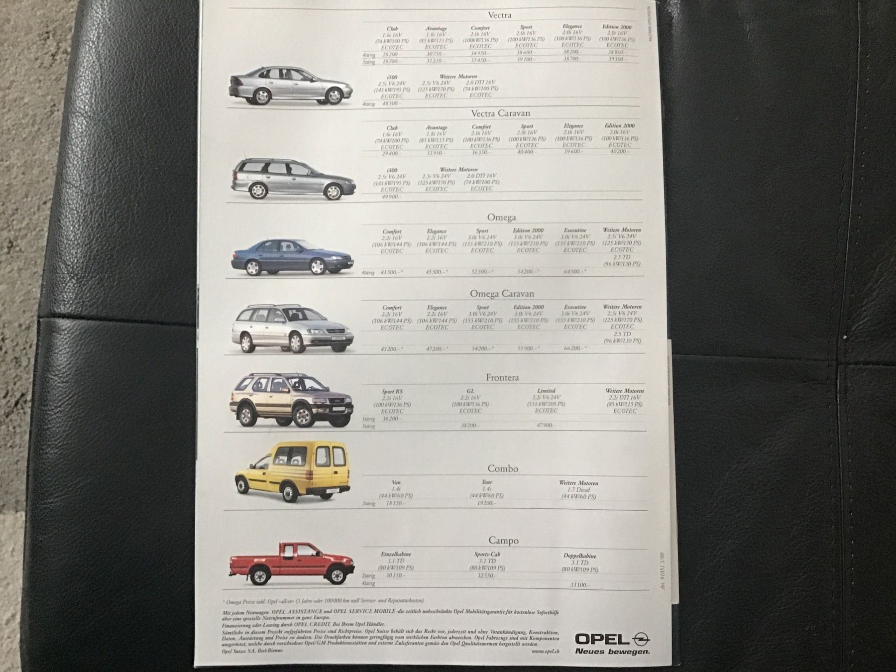 Opel Dokumente: Opel Programm Verkaufsprospekt mit Preisen März 2000 – Gebraucht aus Scherzingen von Starseller62 9
