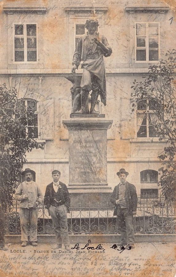 Ansichtskarten: Locle, statue de Daniel Jean Richard, circulée 1903 – Gebraucht aus Frauenfeld von POML