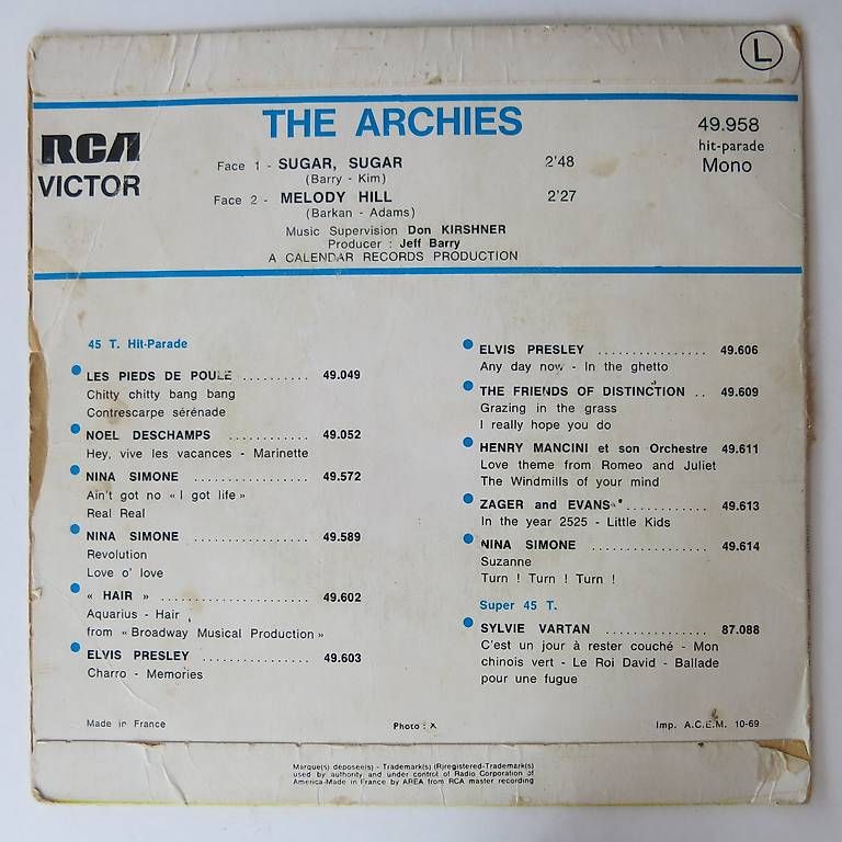Dischi in vinile: The Archies Sugar Sugar/Melody Hill – Usato da Bözen venduto da Keramik22 1