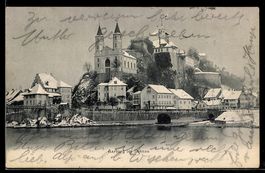AK Aarburg, Ortspanorama vom Wasser aus, Schnee
