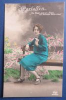 Romantische Vintage Postkarte, Frau "Verlassen" mit Spruch