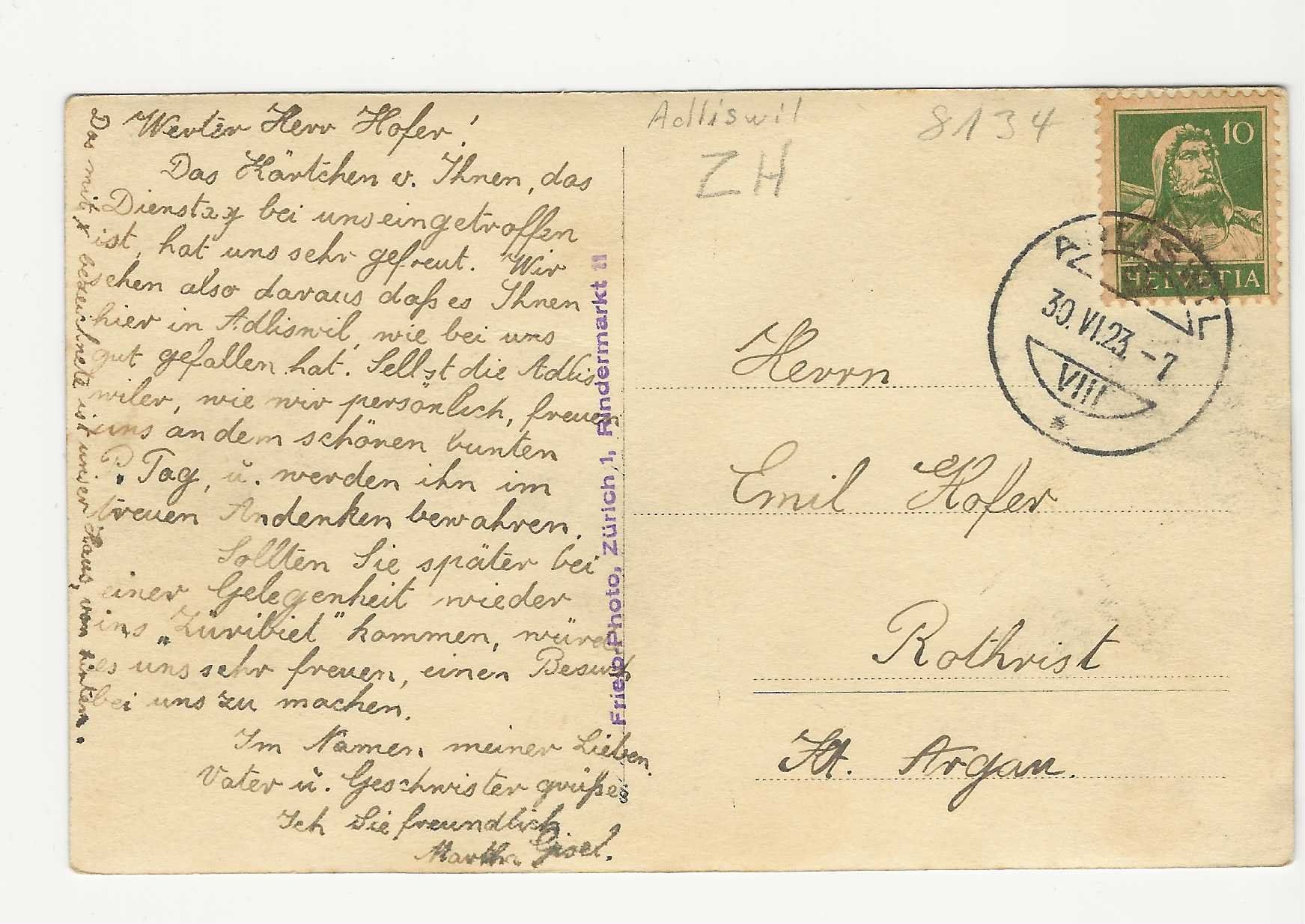 Ansichtskarten: ADLISWIL   1923 – Gebraucht aus Küttigen von rol_hk98 1
