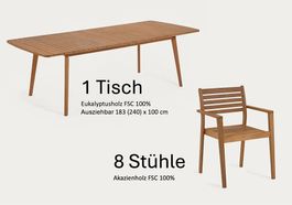 Neuer Gartentisch und 8 Gartenstühle aus Holz - Unbenutzt
