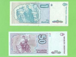 2 Argentinische Banknoten 1 + 50 Australes Jahrgang 1985