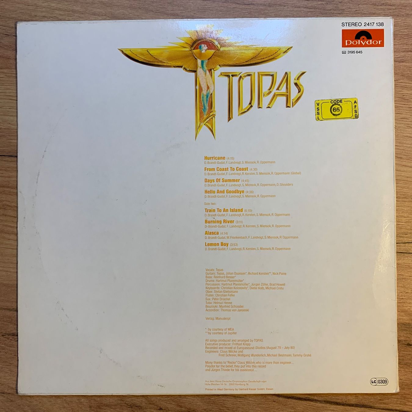 Dischi in vinile: TOPAS - TOPAS...OG GER 1980...VG++/VG+ – Usato da Gals venduto da Diskopatshop 1