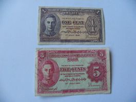 Top Banknoten Malaya und Hongkong 1941 1 Cent 5 Cents